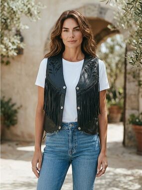 Women’s Black Leather Fringe Vest